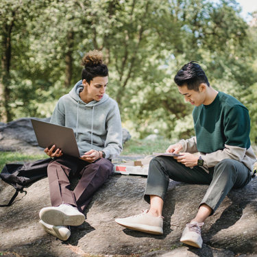 Male friends sitting on boulder with laptop